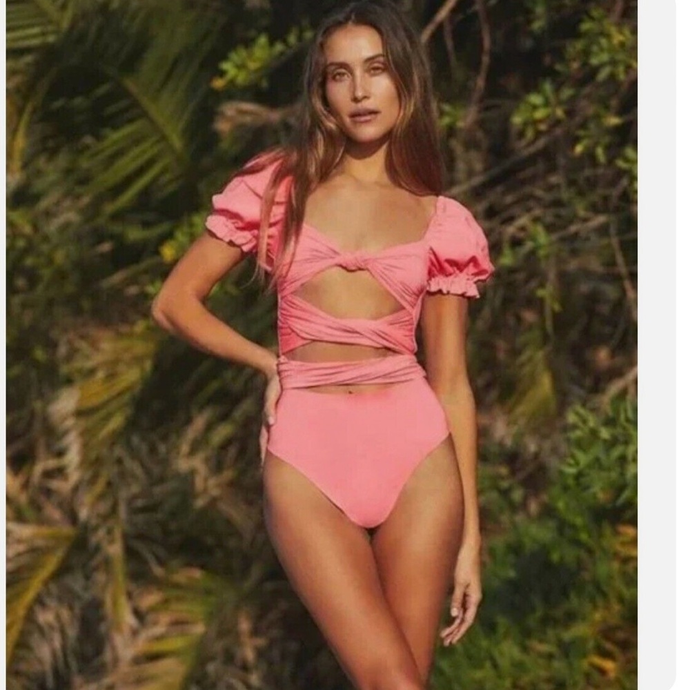 NWOT Agua Benita oria pink one piece bow back bathing suit size L
